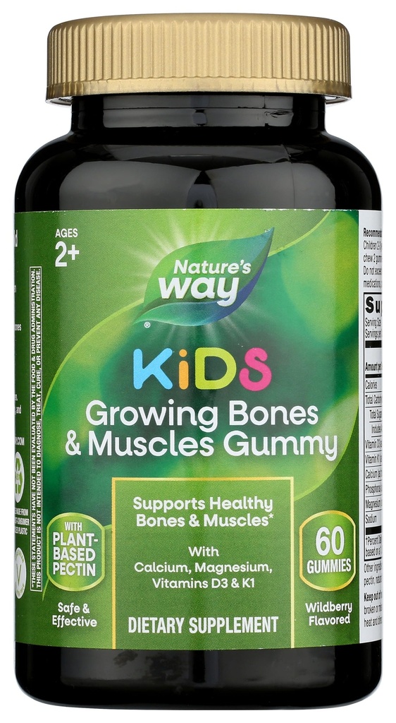Nature 's Way Kids Growing Bones & Muscles Kimmies, Supports Healthy Bones & Muscles *, Calcium, Magnesium, Vitamin D3 & K1, Ages 2 +, Wildberry Flavored, 60 Gummies (Packaging May Vary)