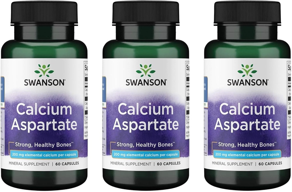 Swanson Calcium Aspartate - Herbal Suplemen Promoting Bone, Heart, & Muscle Health - Natural Formula Promoting Total Body Wellness - (60 Capsules-200mg Masing-masing) (3 Pack)