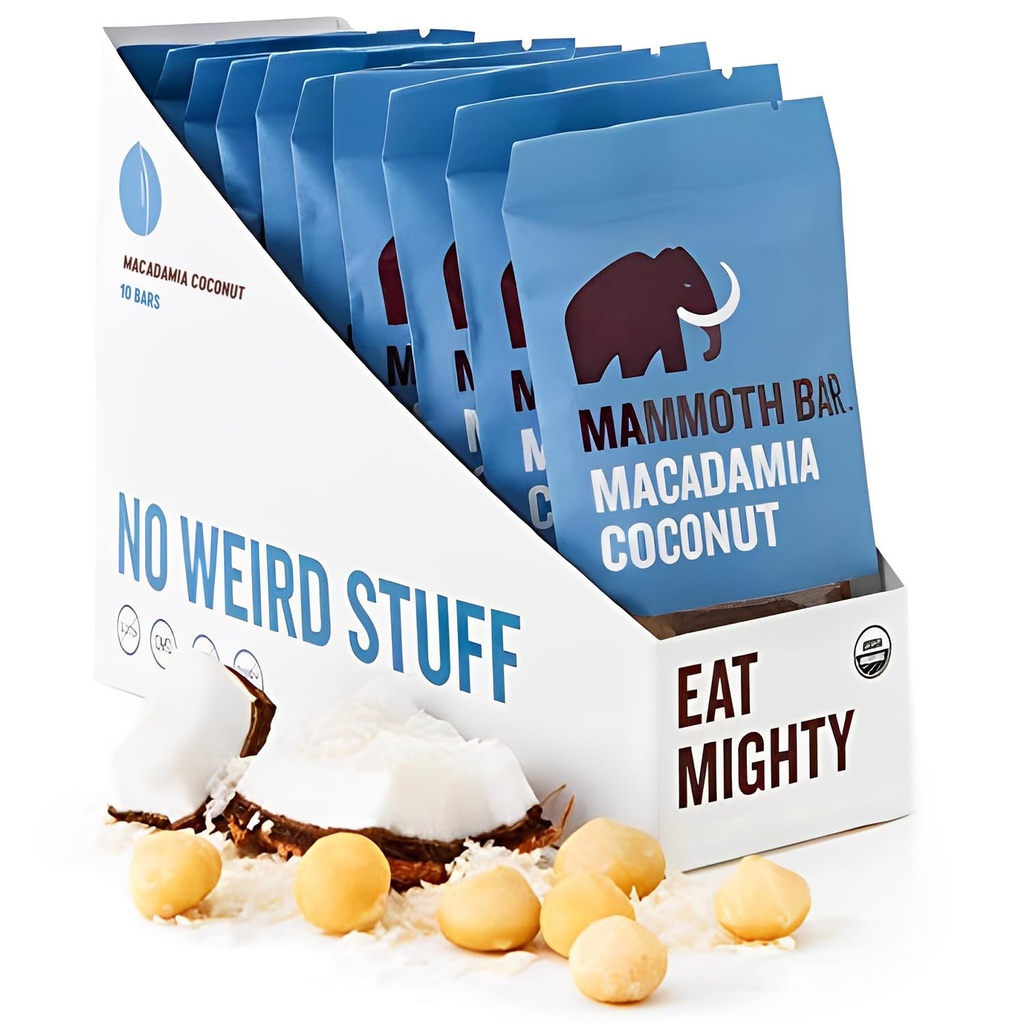 Bar Mammoth Macadamia Coconut Bar - 10 Organic Protein Bars - High Fiber mengatakan Paleo Free Egg Protein Free GMO