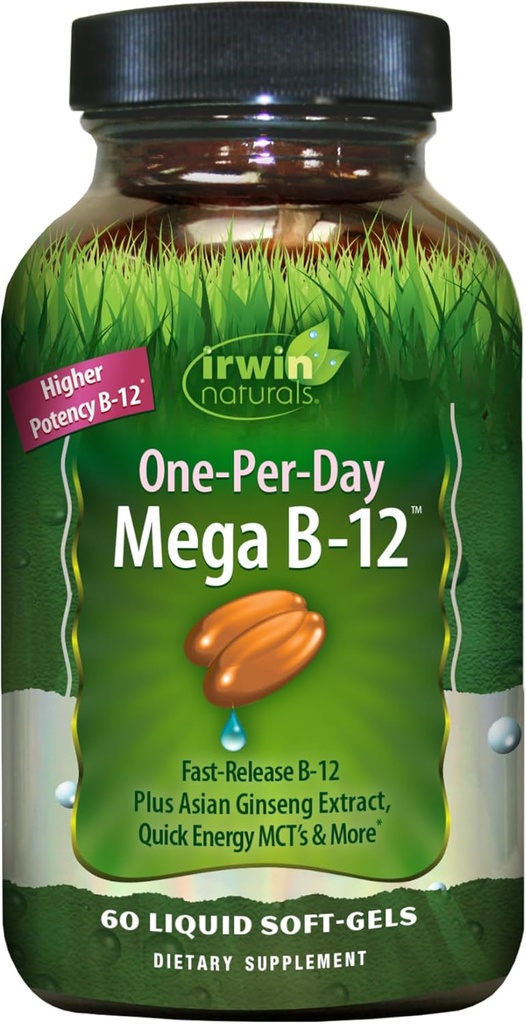 Irwin Mega B-Complex - 60 Liquid Softgels - Vitamin B Kompleks dengan Vitamin B12, Fidge B9, Biotin B7, B1, B2, B3, B5, B6, dan Quick Energy MCTs