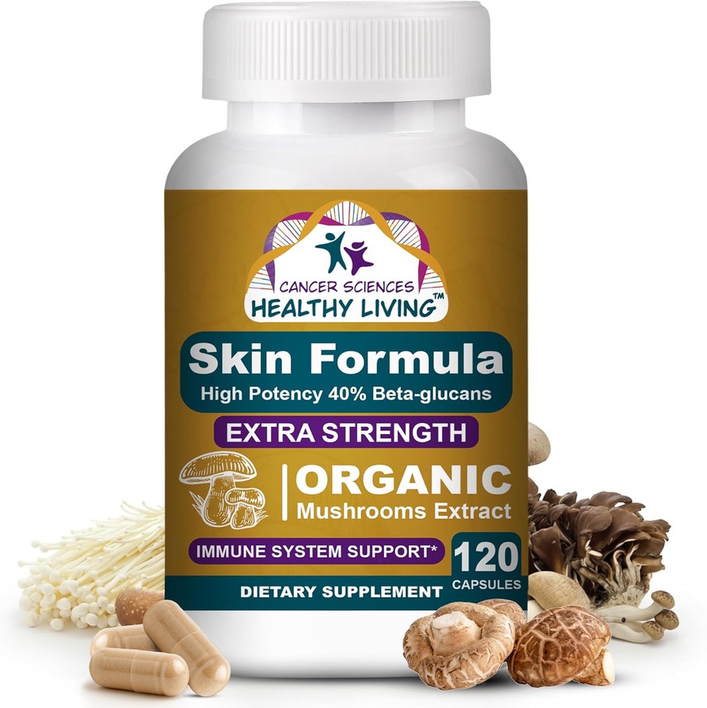 Suplemen Ilmu Kanker Skin Wellness, USDA Certified Organic Extract Mushroom, Ekstra 1.500 mg, Potensi Tinggi 40% Beta- Glans, Dukungan Imune, Kompleks Glowing, 120 Kapsul