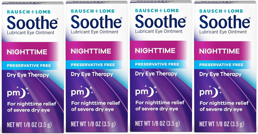 SootheEyeOquatheBausch & Lomb, Lubricant Relief for Dry Eyes, Moisturizing & Comforting Nighttime Dry Eye Therapy, Sutable for Sensitive Eyes, Preservative Free, 3.5 g - 4 Pack