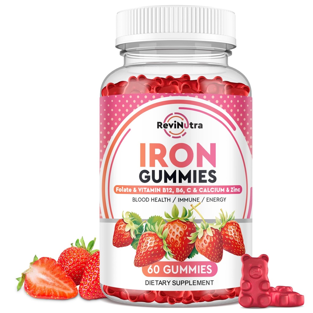 Iron Gummies - with Calcium, Zinc, Folate & Vitamin B12, C, B6 for Dewata & Anak-anak - Blood Builder & Energy Dukungan untuk Defisiensi Besi, Anemia, Vegan - 60 Gummies