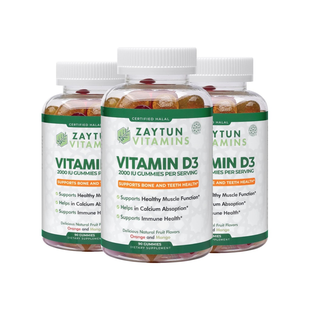 Zaytun Halal Vitamin D3 2000 IU Gummies, Support Bone & Ammune Health, Promotes Muscle Fungsi, Gluten & Gelatin Free, (3-Pack) - Made in USA