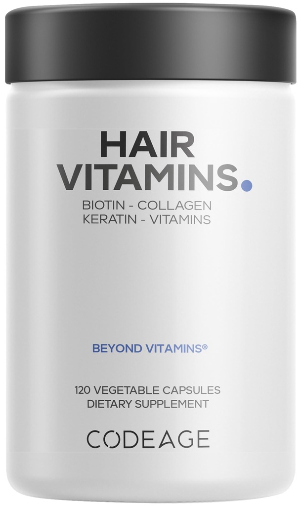 Codeage Hair Vitamin 10.000 mcg Biotin, Keratin, Collagen, Vitamin A, B12, C, D3, E, Zinc, Turmeric, Progories, Enzymes, Inositol - Pendukung Rambut Sehat - Pill Rambut Berat - 120 Capsules