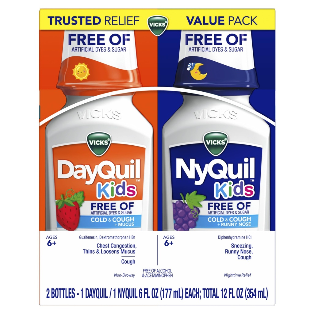 Vicks Kids DayQuil & NyQuil Cold & Cough Relief Liquid Coud, Free of Artificial Dyes & Sugar, Multi- Symptom Relief of Cough, Sneezing, Runny Nose, Mucus, and Chest Conbuffles, for Ages 6 +, 2x6oz