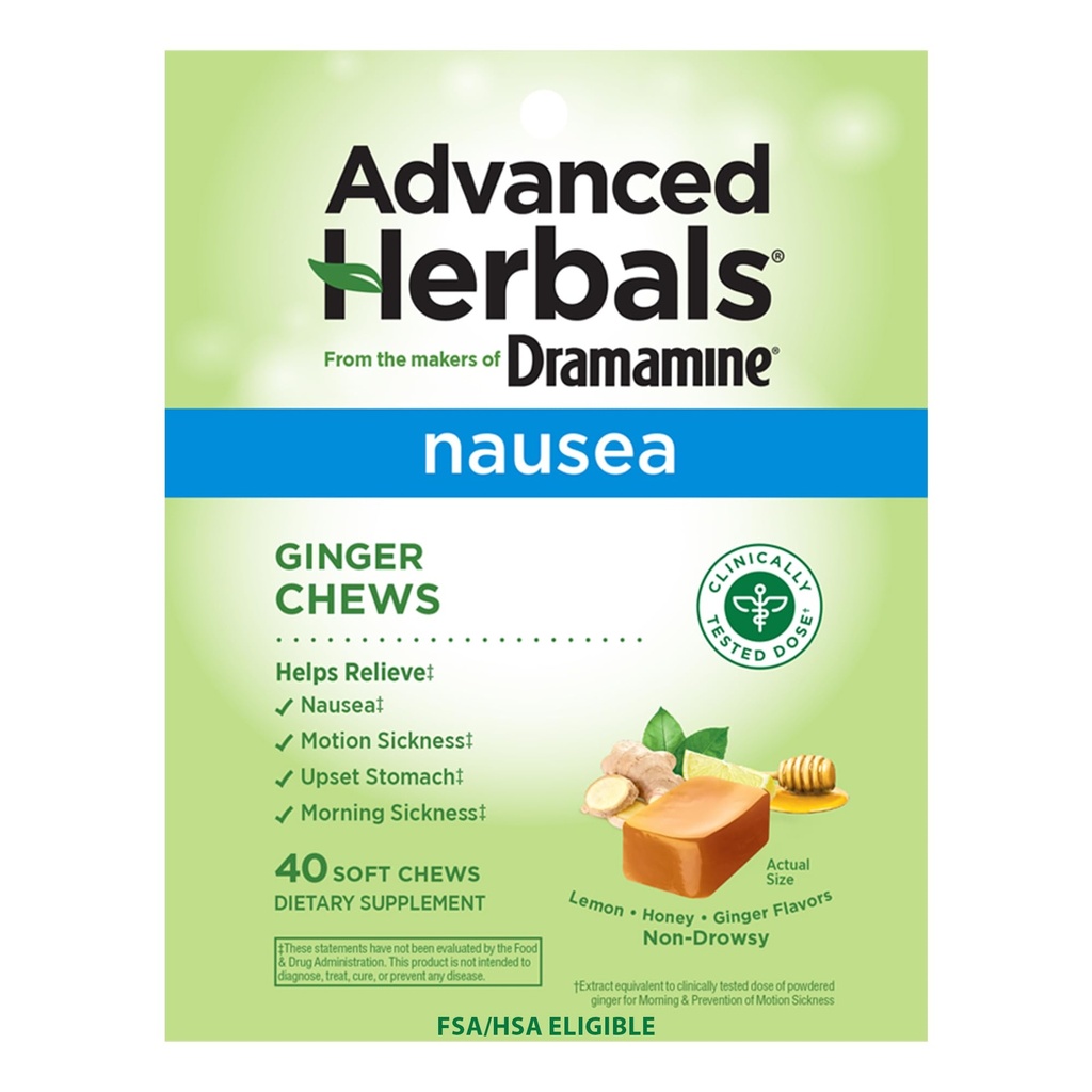 dari The Makers of Dramamine, Advanced Herbals, Ginger Chews, Nausea Relief Soft Chews Lemon- Honey- Ginger, 40 Count