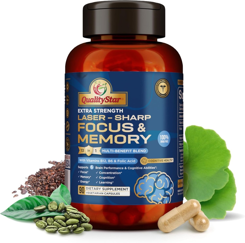Fokus dan Vitamin Memory, 13- In1 Multi- Benefit Blend for Cognitive and Brain Health, Suplemen Memori untuk Otak, 90 Vegetarian Capsules