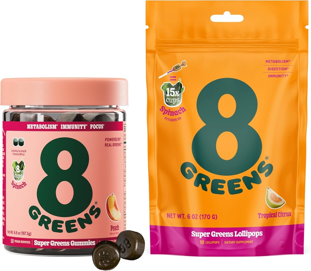 8greens Daily Greens Gummies and Lollipops, Energy & Imune Dukung, Gluten- Free, Vegan, Non-GMO, Tidak Ada Warna Buatan & Flavors