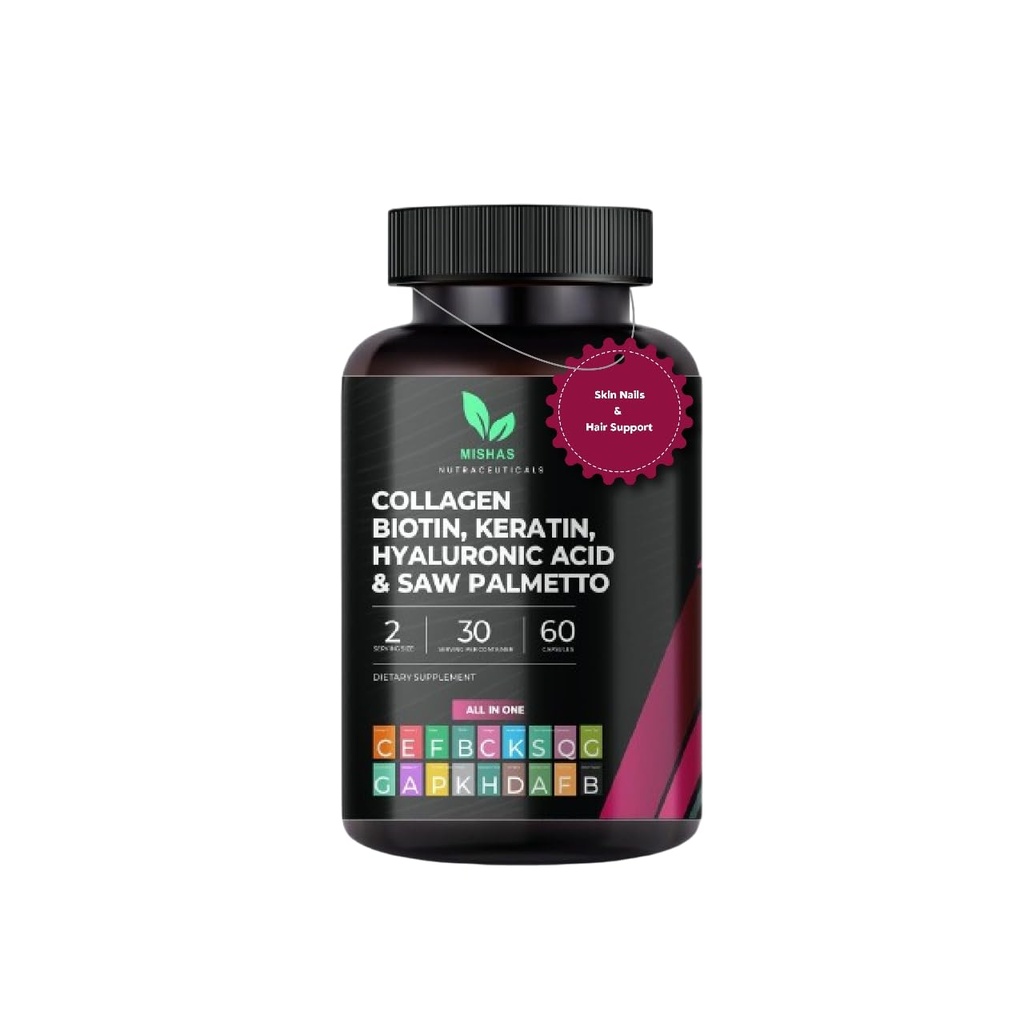 Multi Collagen Pill - Biotin 10.000mcg, Kertin & Hyaluronic Acid - Hair Growth - Hair Skin & Nails Vitamin Blocker - Vitamin E Folic Acid Pumpkin Mems, Saw Palmetto 60 Vegan Capsules