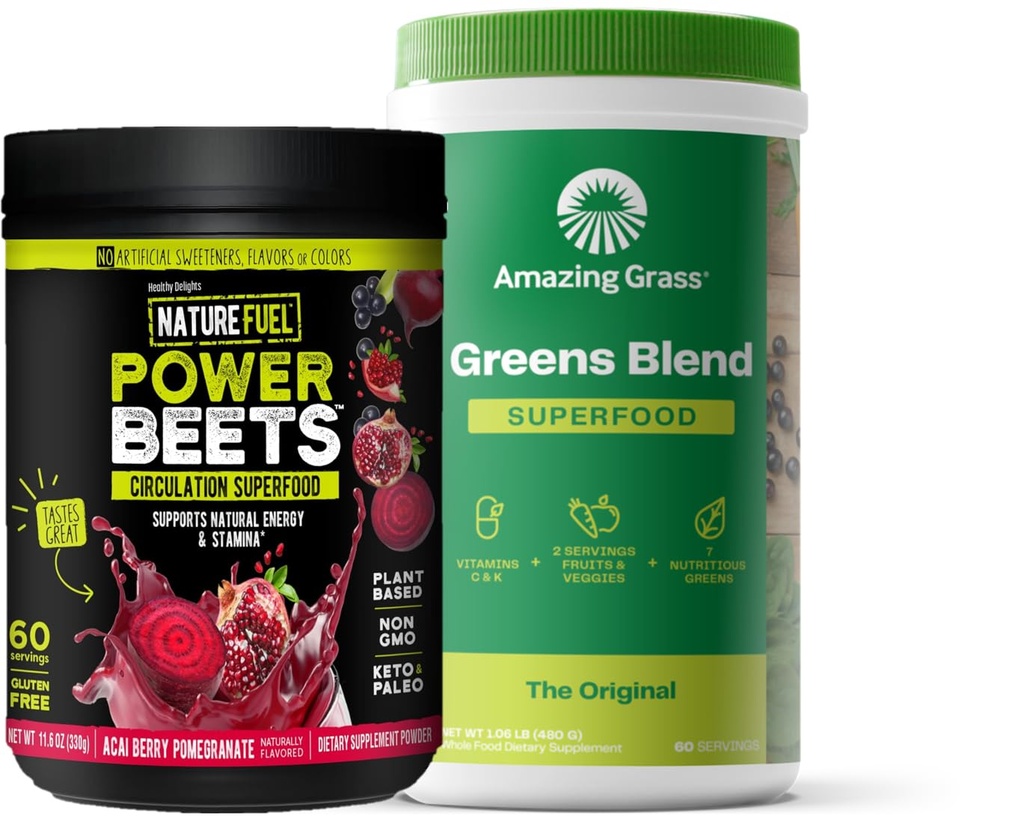 Amazing Grass Greens Superfood: Super Greens Powder Smoothie Mix for Boost Energy, 60 Service & Nature Power Beat Powder, Beet Root Pounder, Dukungan Energi Alam, 60 Servis