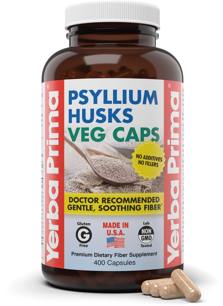 Yerba Prima Psyllium Husks Veg Capsules, 400 Capsules (625mg) - Vegan, Non-GMO, Gluten Free, Colon Cleanser, Supplemen Servis Serat Fiber Daily untuk Kesehatan & Regularitas
