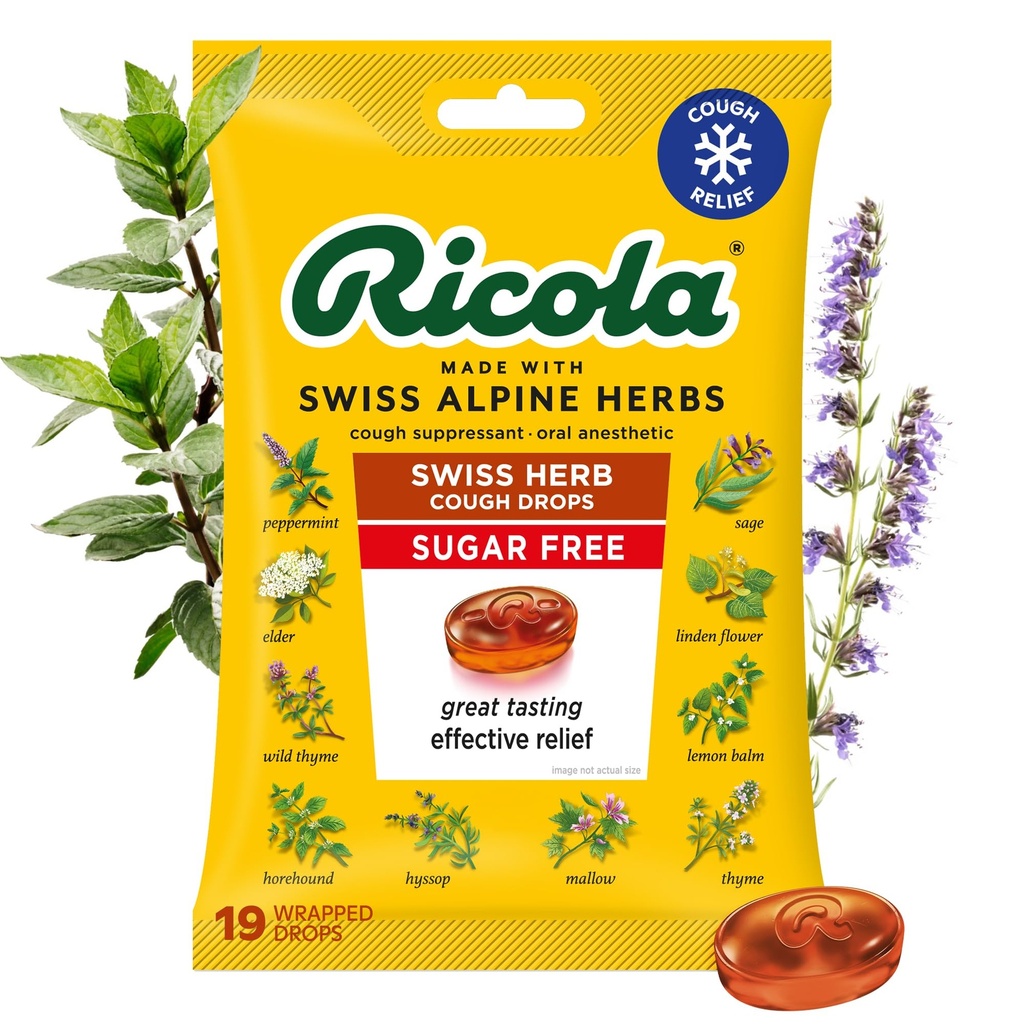 Ricola Sugar Free Swiss Herb Drops, 19 Count, Cough Suppresant & Throat Relieving Drops with Alfully Sourced Menthol, Pleasing Taste for Coghs & Throat Irrity Symptom Relief