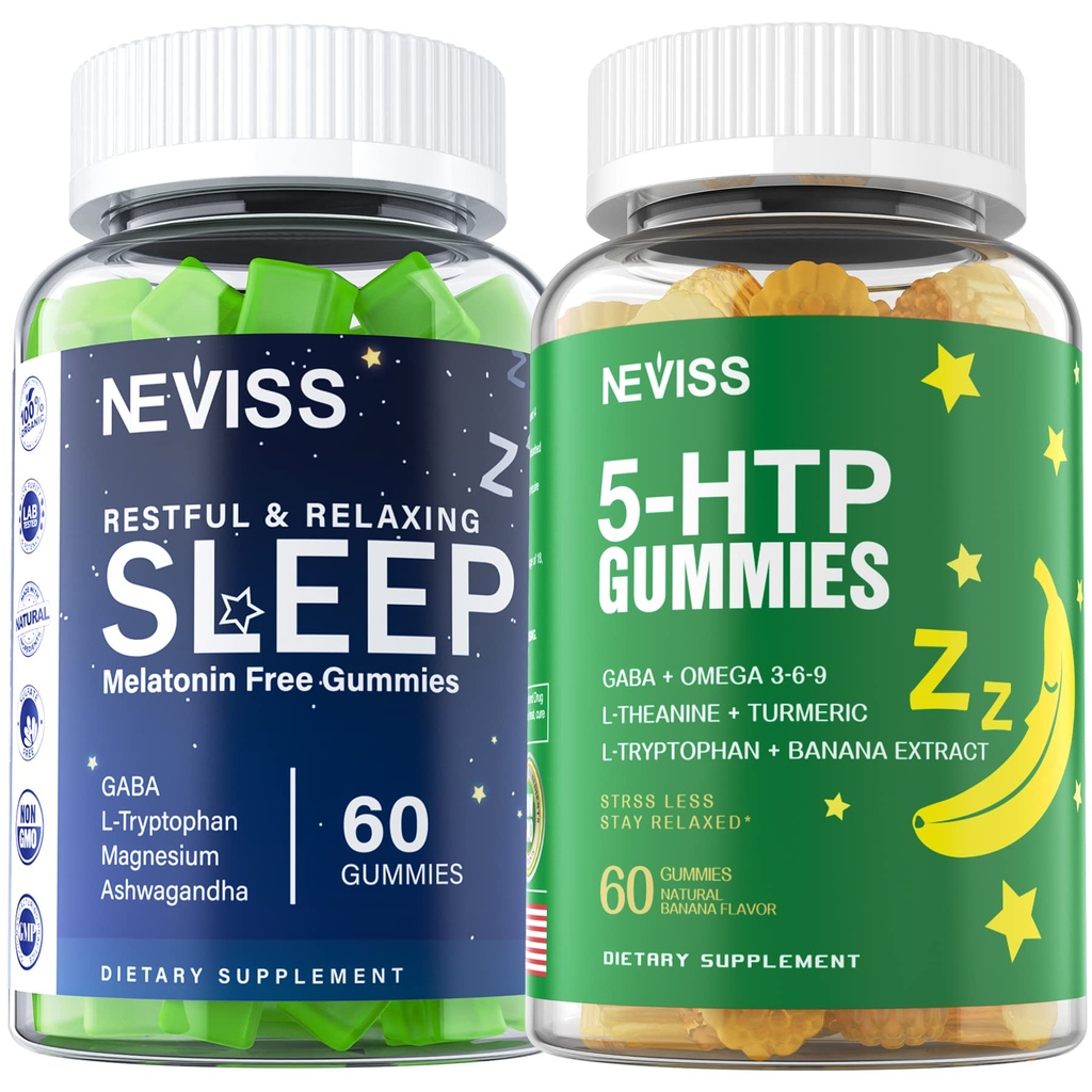 Melonalin Free Sleep Aid Gummies + 5-HTP Gummies for Dewata, with GABA, L-Theanine, L-Tryptophan, Magnesium, Ashwagandha, Turmeric - Non- Habit Forming, Banana Extract Bantuan untuk Peresmian Dalam, Tenang