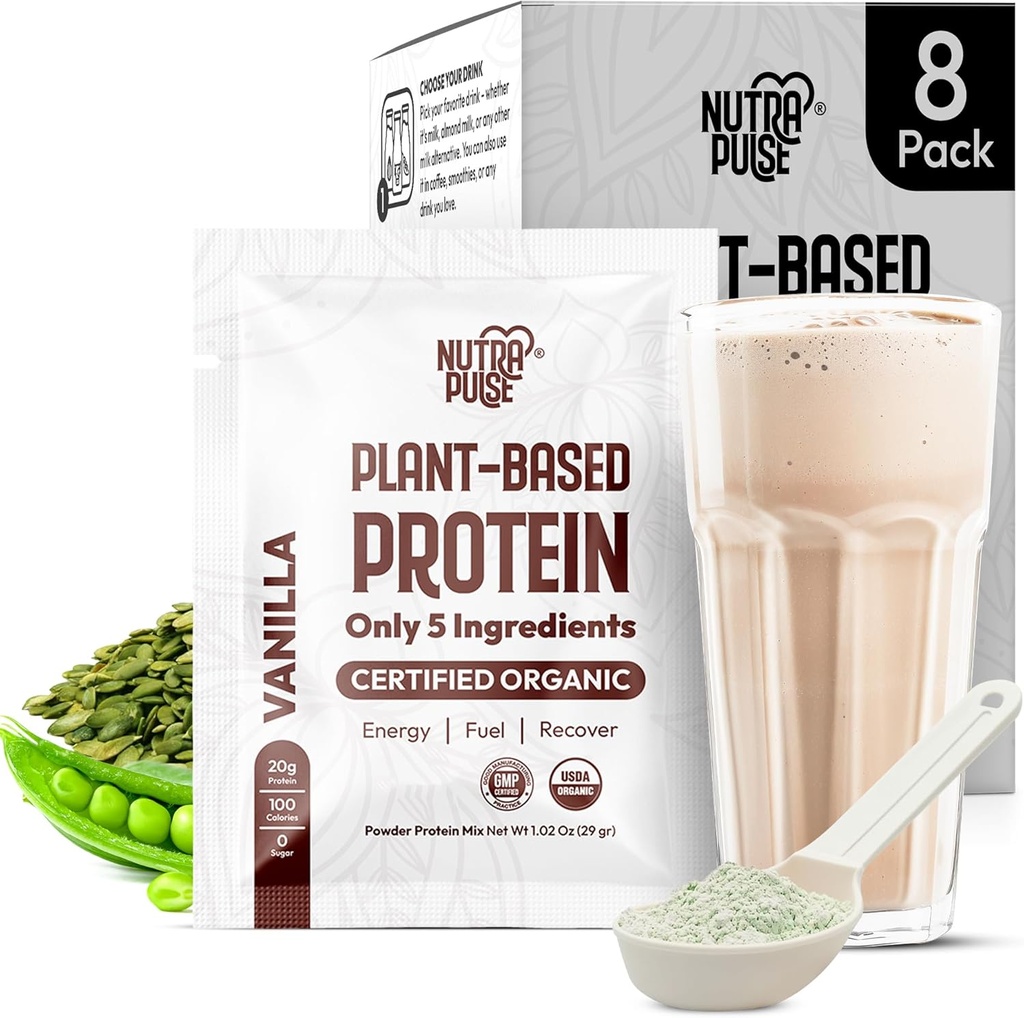 Powder Pack Organik Protein - Tanaman - berbasis Protein, Gluten- Free, Non GMO, 20g Protein per Serving, Hebat untuk Smoothies & Shakes (Vanilla, Paket 8)