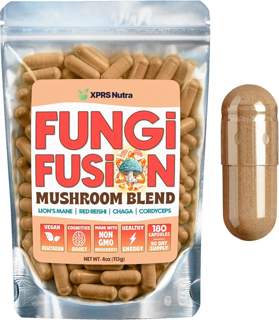XPRS Nutra Fungi Fusie Mushroom Blend Capsules - 180 Count (90 Hari Supply) Premium Blend of Lion 's Mane, Reishi, Chaga, Cordyceps Capsules untuk mendukung Kejelasan Mental, Cognition, Energi dan kekebalan