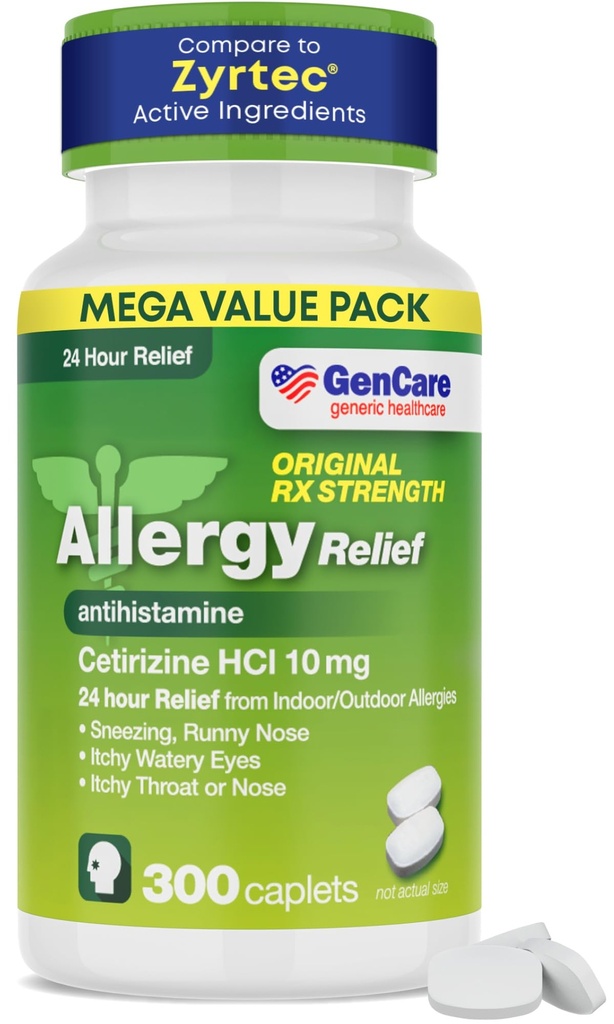 GenCare - Cetirizine HCL 10 mg (300 Caplet) - 24 Hour Allergy Relief Pill - Non Drowsy Generik OTC Medication - Antihistamin Medicine for Sneezing, Runny Nose & Itchy Eyes - Generik Zyrtc