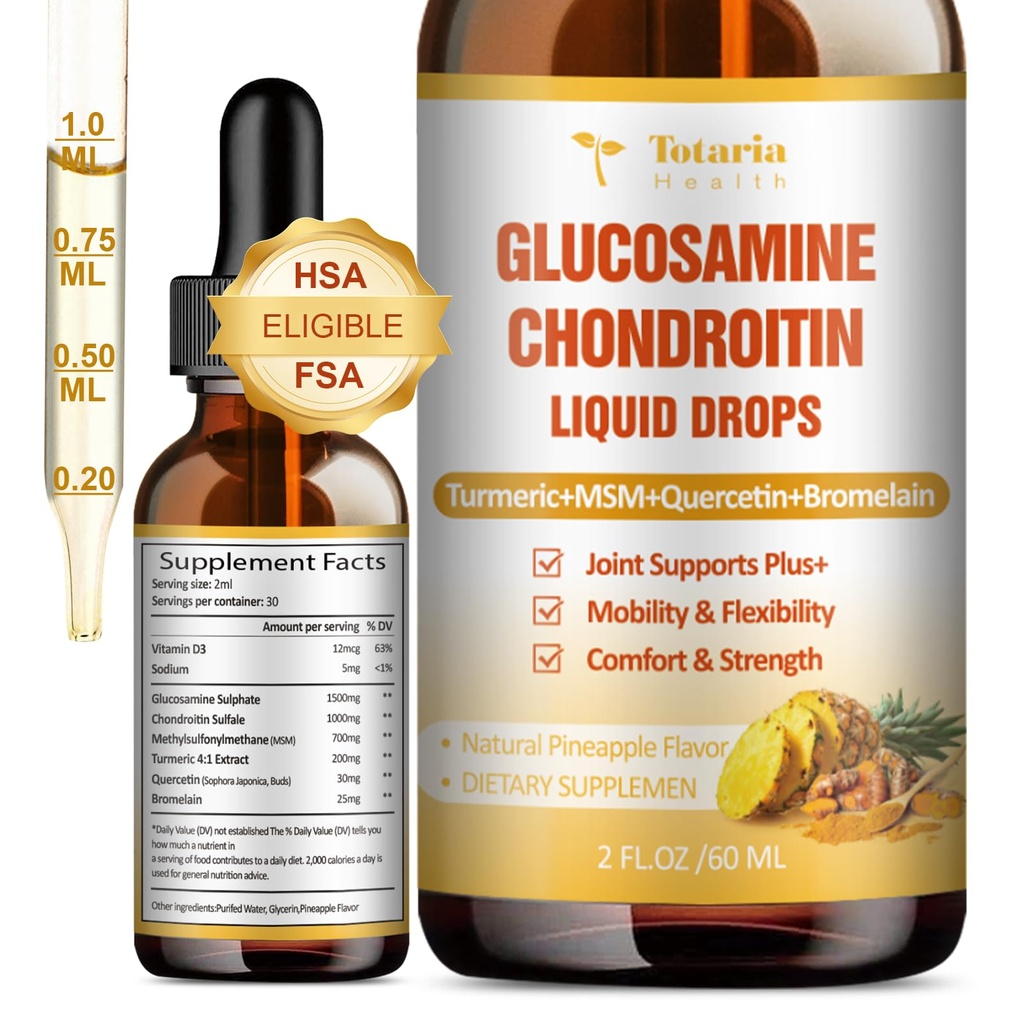 Glucosamin Chondroitin MSM Liquid Drops FSA- HSA - Bersama-sama Support for Mobility, Flexibility & Bones Chondroitin Sulfate Suplemen Turmeric, Quercetin, Bromelain, MSM Oil 2 FL.OZ