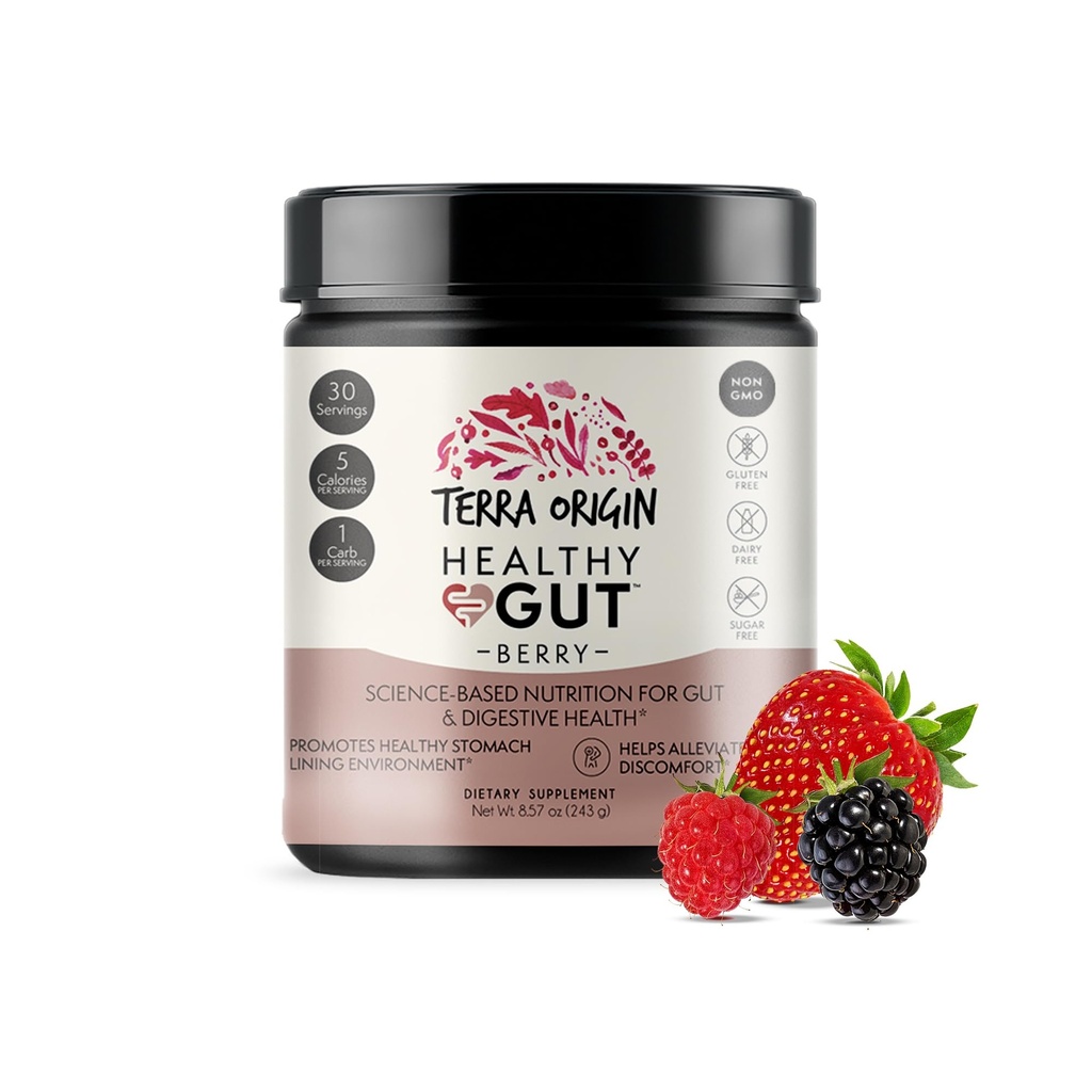 TERRA ORIGIN Healthy Gut Powder (Berry Flavor): 124; 30- Hamba dengan L-Glutamine, Zinc, Glucosamine, Slippery Elm Bark, Marshmallow Root dan More!