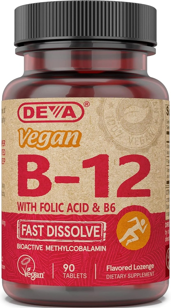 Deva Vegan Vitamin B12 Fast Dissolve Supplement - Once-Perday Complex with 1000 Mcg Methylcobalamin B12, Acid Folic, B6 - Lemon Flavor - 90 Dissoltable Tablet, 1 - Pack