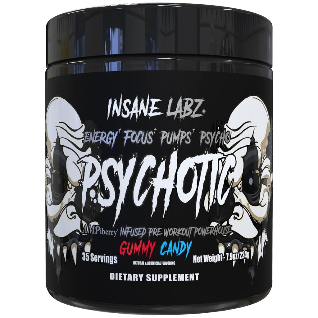 Insane Labz Psychotic Black Edition Mid Stimulant Pre Workout Powder, Energi Fokus Pumps, Penuh dengan Creatine Beta Alanine Taurine Fueline oleh AMPiberry, 35 Servis (Permen Gummy)
