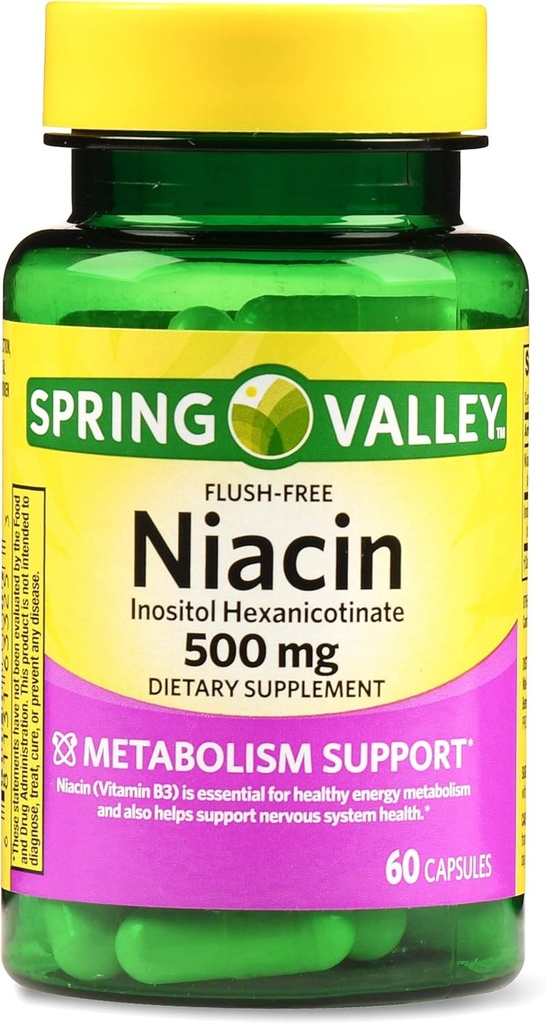 Spring Valley Flush- free Niacin 500 mg Metabolism Dukungan, 60 Capsules (Paket 2)