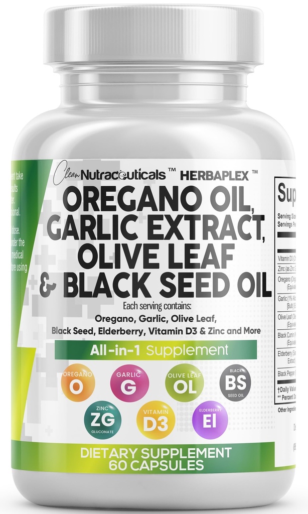 Bersihkan Nutra Oregano Oil dengan Black Seed Oil Garlic Olive Leaf Extract - Oil of Oregano Capsules Ammune Dukung Carvacrol & Thymoquinone Suplemen Perempuan dan Pria + Elderberry Vitamin D3 & Zinc