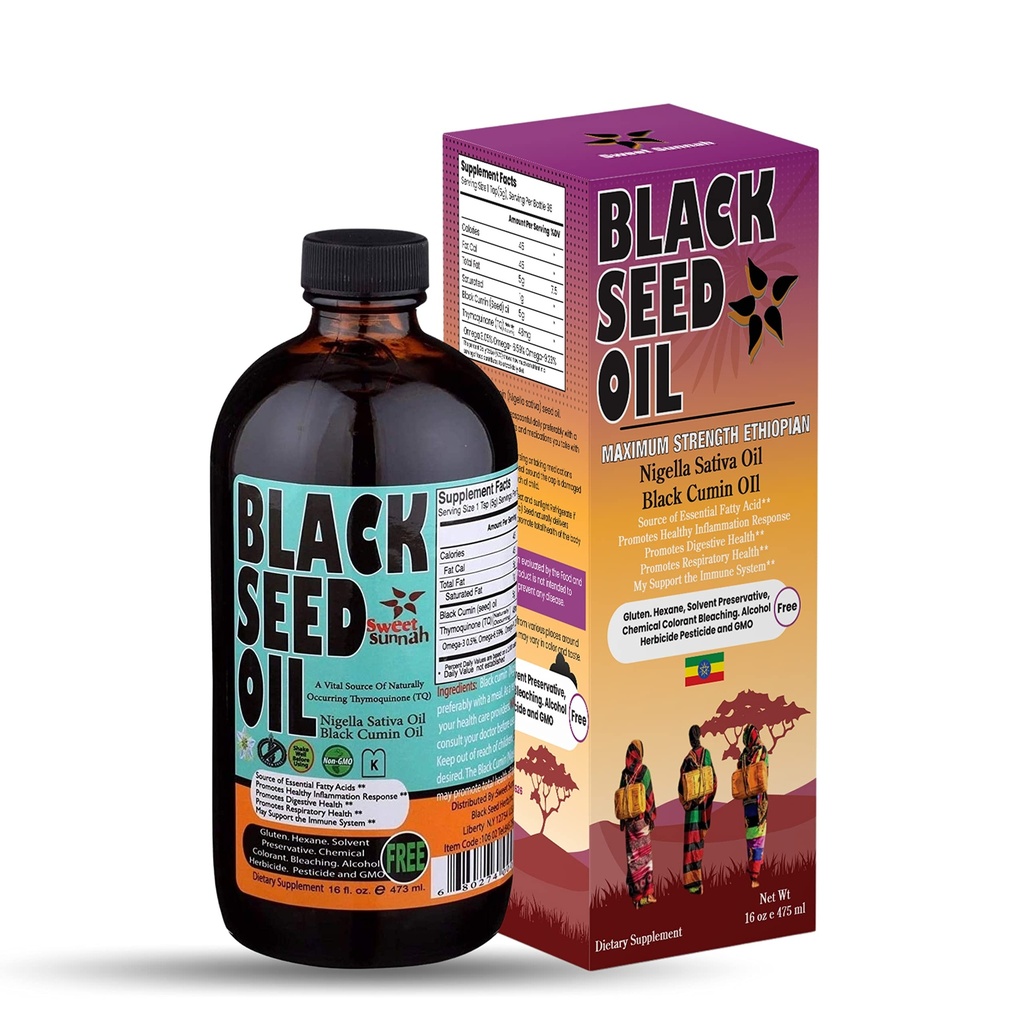 Minyak Benih Hitam Ethiopia - 3.43% Thymoquinone Cold- Cumin Hitam Tertekan Benih Hitam dari Pure Nigella Sativa - Pertama Menekan Blackseed Non- GMO Meningkatkan - 16 Oz Glass Bottle Sweet Sunnah