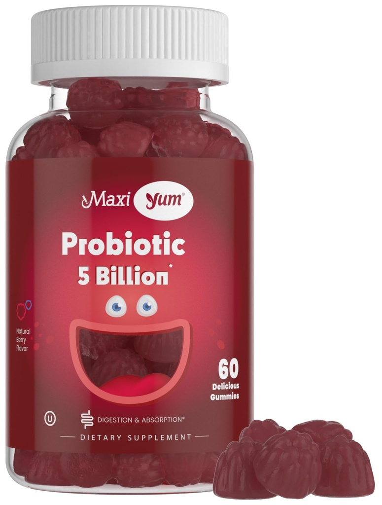 Mie Kesehatan Maxi Yum, Gumi Probiotik dengan 5 Milyar CFU of Digetical Health Progitive Progories, Kosher Certified Natural Berry Flavor Gut Health Gummy Supplemen Pria & Perempuan, 60 Gummies