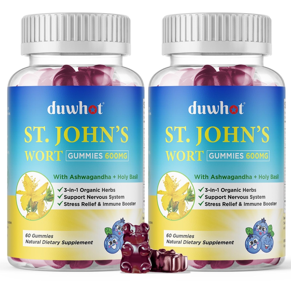 St John 's Welt Gummies 600mg, 3 dari 1 Organic Herbal Suplemen Stress Relief, Gugup System Support, dengan Ashwagandha & Holy Basil Extract for Dewasa & Kid, Non-GMO, Vegan, 120.