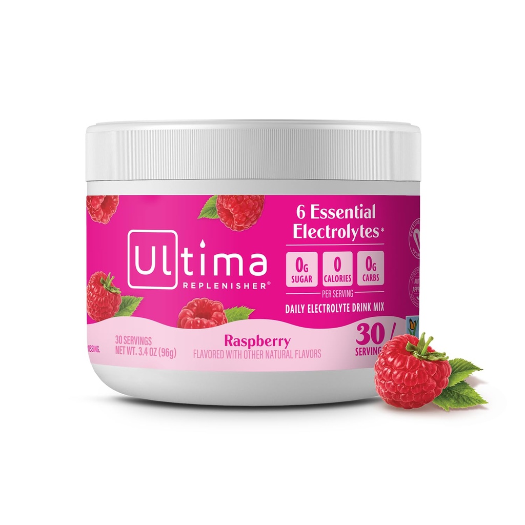 Ultima Replenisher Daily Electrolite Powder Mix - Sugar Free - Raspberry, 30 Servings - Hydration Pounder dengan 6 Key Electrolittes dan Trace Minecure - Keto Friendly, Vegan, Non-GMO