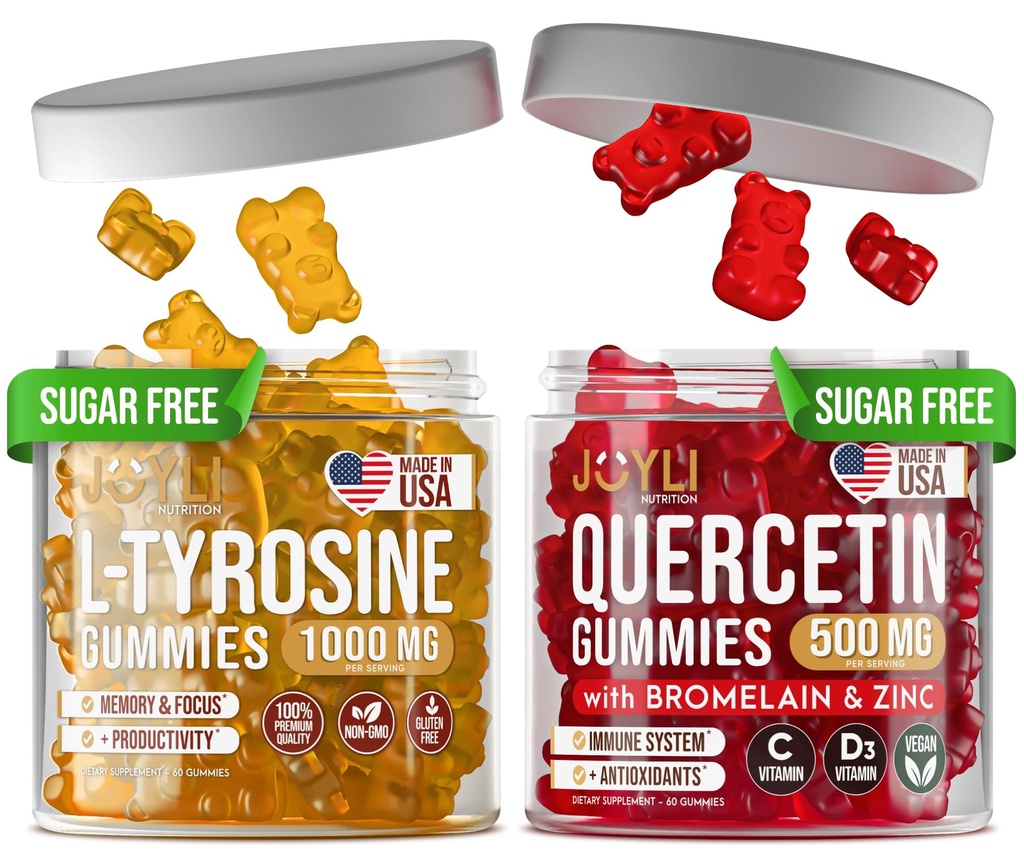 L- Tyrosine Gummies + Quercetin Gummies - L Tyrosine Suplemen, Quercetin dengan Vitamin C - Focus Gummies dan Imune Dukungan Gummies - 60 L- Tyrosine untuk Kimies, 60 Quercetin dengan Zinc Gummies