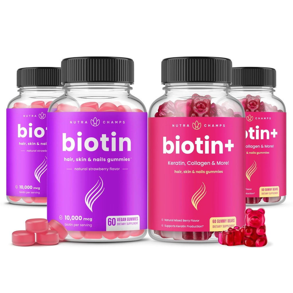 NutraChamps Biotin & Biotin +. Duo lengkap untuk Rambut, Kulit dan Kuku. Biotin, Collagen, Keratin & More