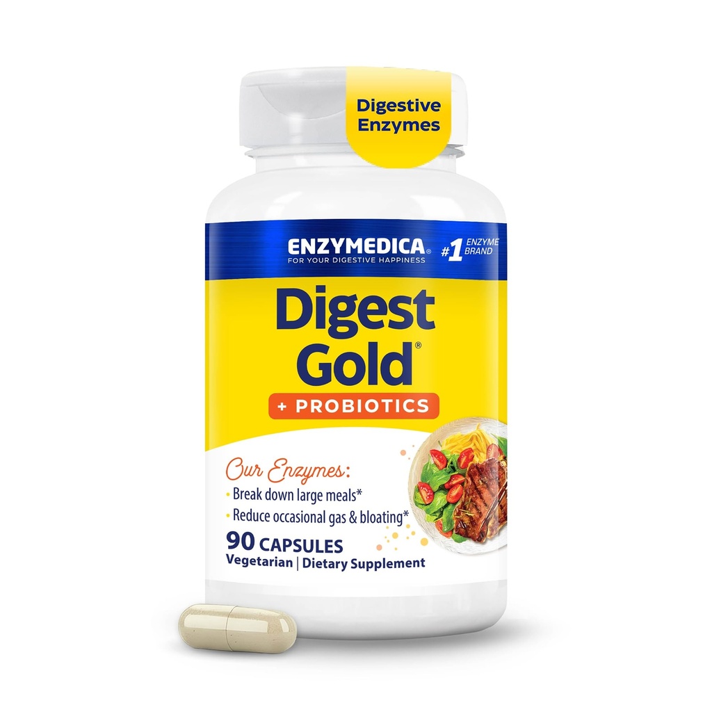 Enzymedica Digest Gold + Programs, 2-in- 1 Formula Kesehatan Gut, Enzymes Digeptical & 1 Miliar Probiotic Cultures Aktif, 90 Count (FFP)