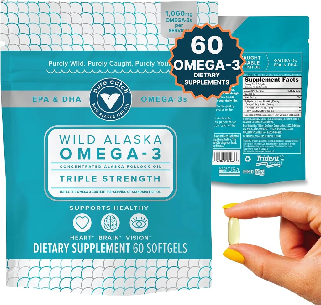 Trident Seafood Pure Catch Wild Alaska Fish Oil 1060mg Triple Strength Omega- 3 Fish Oil Suplement for Women - EPA dan DHA - 60 CT.