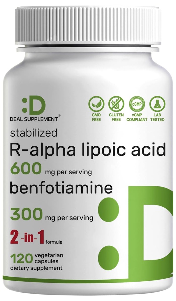 DEAL SUPLEMENT R Alpha Lipoic Acid 600mg dengan Benfotiamine 300mg Per Serving, 120 Veggie Capsules - 200mg RALA Per Capsule - Antioksidant Suplemen untuk Dukungan Sistem Energi & Gugup