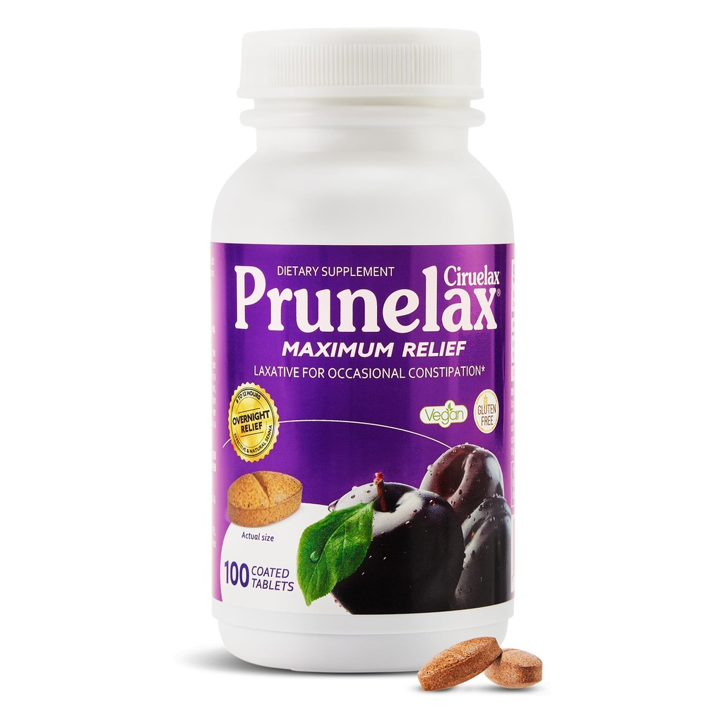 Prunelax Ciruelax Maximum Relief Laxative Tablet dengan Senna Natural for Occasional Constipation, Senna Extract, Vegan & Gluten- Free, Gentle Overnight Relief - 100ct