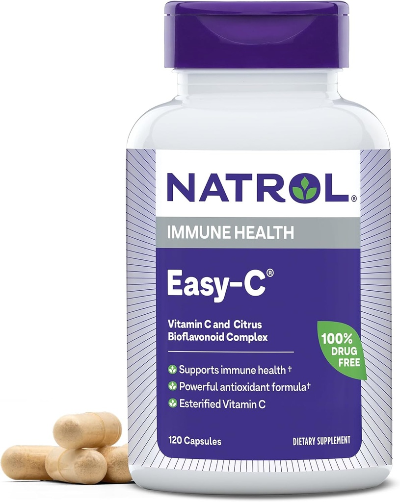 Natrol Easy- C Imune Health, Dieter Suplemen, Mendukung Kesehatan Imune dengan Vitamin C dan Bioflavonoid, Veggie Capsules, 500 mg, 120 Count