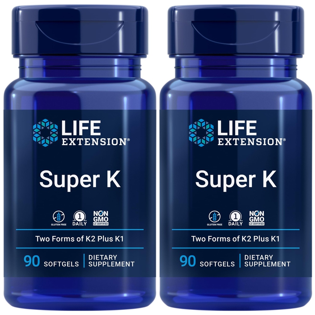 Ekstensi Hidup Super K, Vitamin K1, Vitamin K2 mk-7, Vitamin K2 mk-4, Vitamin C, Bone / Heart / Arteri Kesehatan, 3-Bulan Supply, Gluten- Free 1 Daily, Non-GMO, 90 softgels (Paket 2)