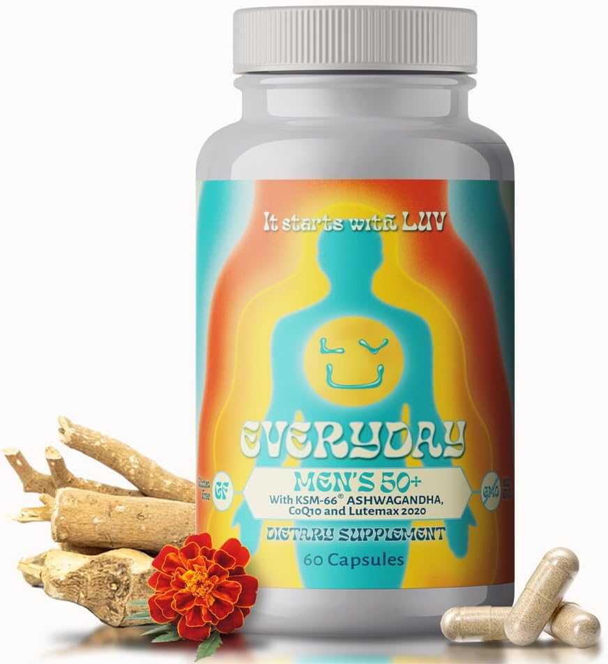 LUV Everyday ♪ Men 's 50 + Multivitamin - Dewasa Formula Daily Nutonationation Support with Iron, Calcium, KSM-66 Ashwaganda, CoQ10, Lycopene, dan Lutemax 202020- Vegetarian Gluten- Free & Non-GMO - 60 Capsules