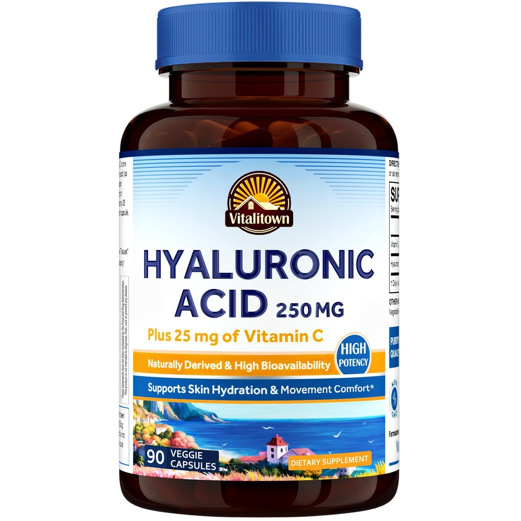 Vitalitown Hyaluronic Acids 250 mg, Plus 25 mg Vitamin C, Avability & High Bioavability, Skin Hydration, 90 Vegan Capsules, 3 Bulan Suppply