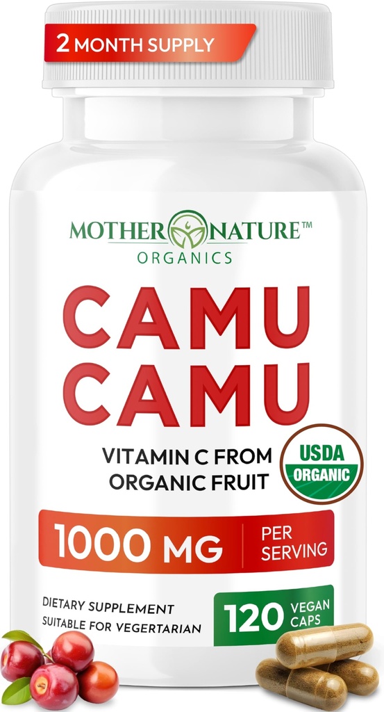 Vitamin C organik dari Camu Camu Capsules 1.000mg, Packed with Natural VIT C, Raw Antioksidants - Imune Supplemen & Anti- Aging for Skin - Powder Organic, Vegan, Non-GMO (120 Count)