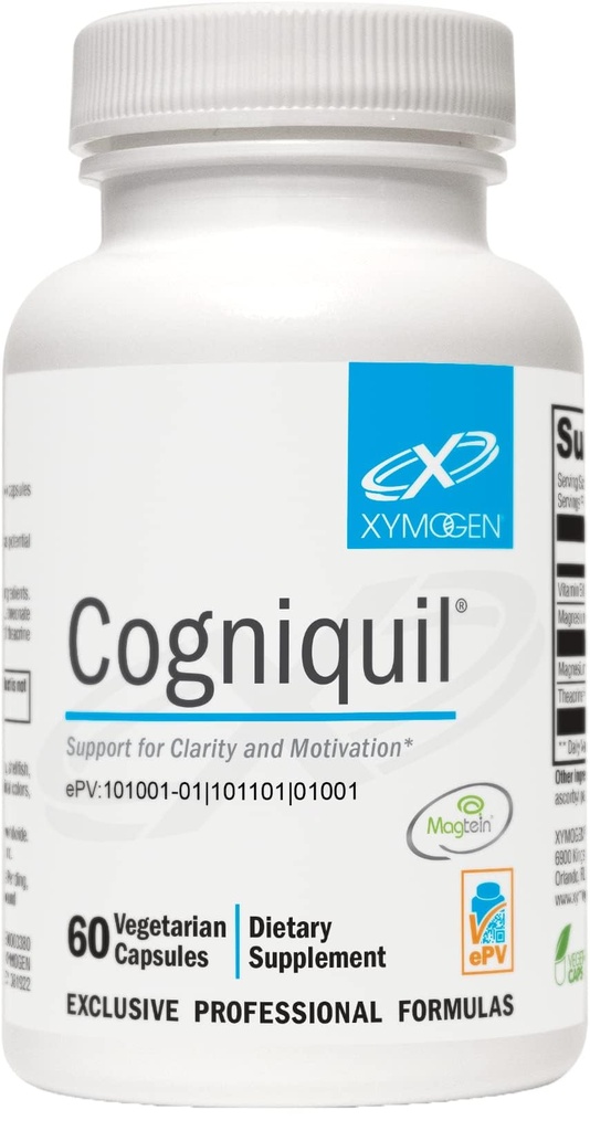 XYMOGEN Cogniquil - Dukungan untuk Kejelasan, Fokus, Motivasi, Energi Mental dan Fisik - Magnesium L-Threonate untuk Supply Bioavable Magnesium ke Otak, Teadrin + Vitamin B12 (60 Capsules)