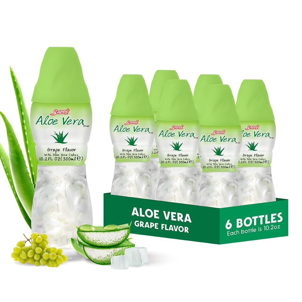 Aloe vera juice (Grape rasa) dengan potongan yang lebih besar dari lidah buaya murni (6 Paket) Tanaman berbasis jus besar untuk dehidrasi dan berisi pulp aloe besar. Hal ini sehat untuk orang dewasa dan anak-anak