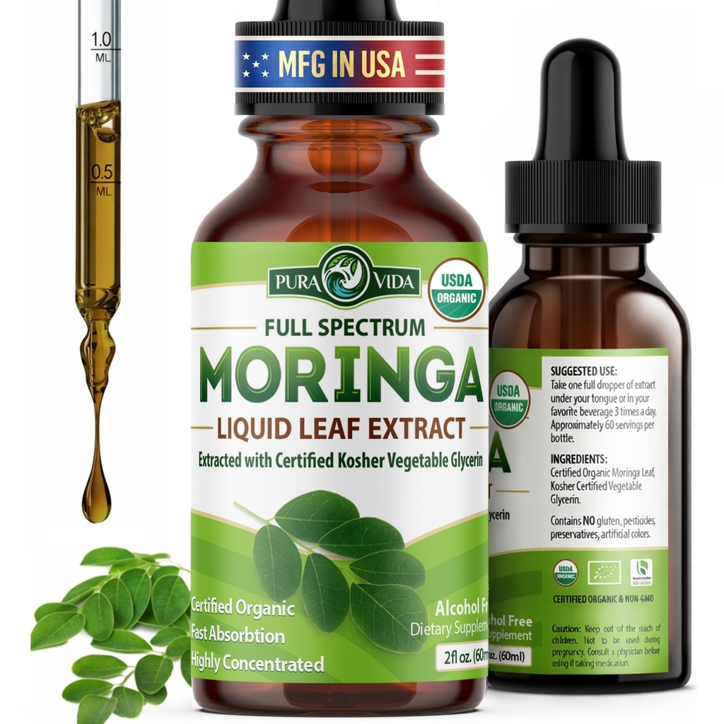 PURA VIDA MORINGA Extract Liquid Drops - USDA Organic Certified - Sangat Purified, Bioavailable & Faster Powder or Capsules - Single Origin Moringa Oleafera Leaves Extract