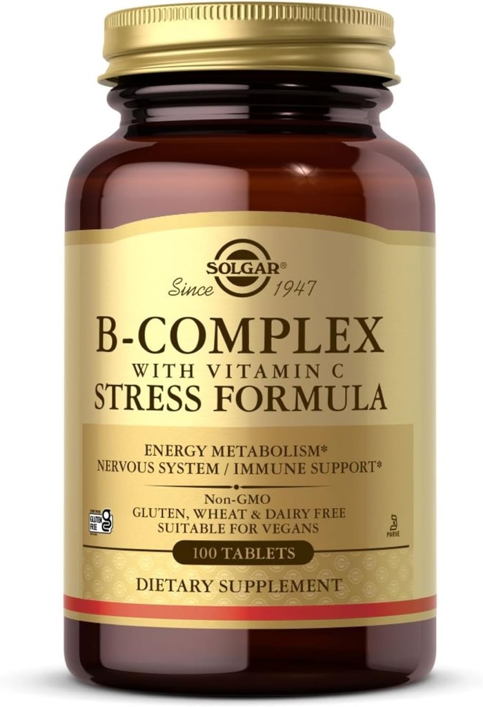 Solgar B-Complex dengan Vitamin C - 100 Tablet - Non- GMO, Vegan, Kosher & Gluten Free - 50 Servings