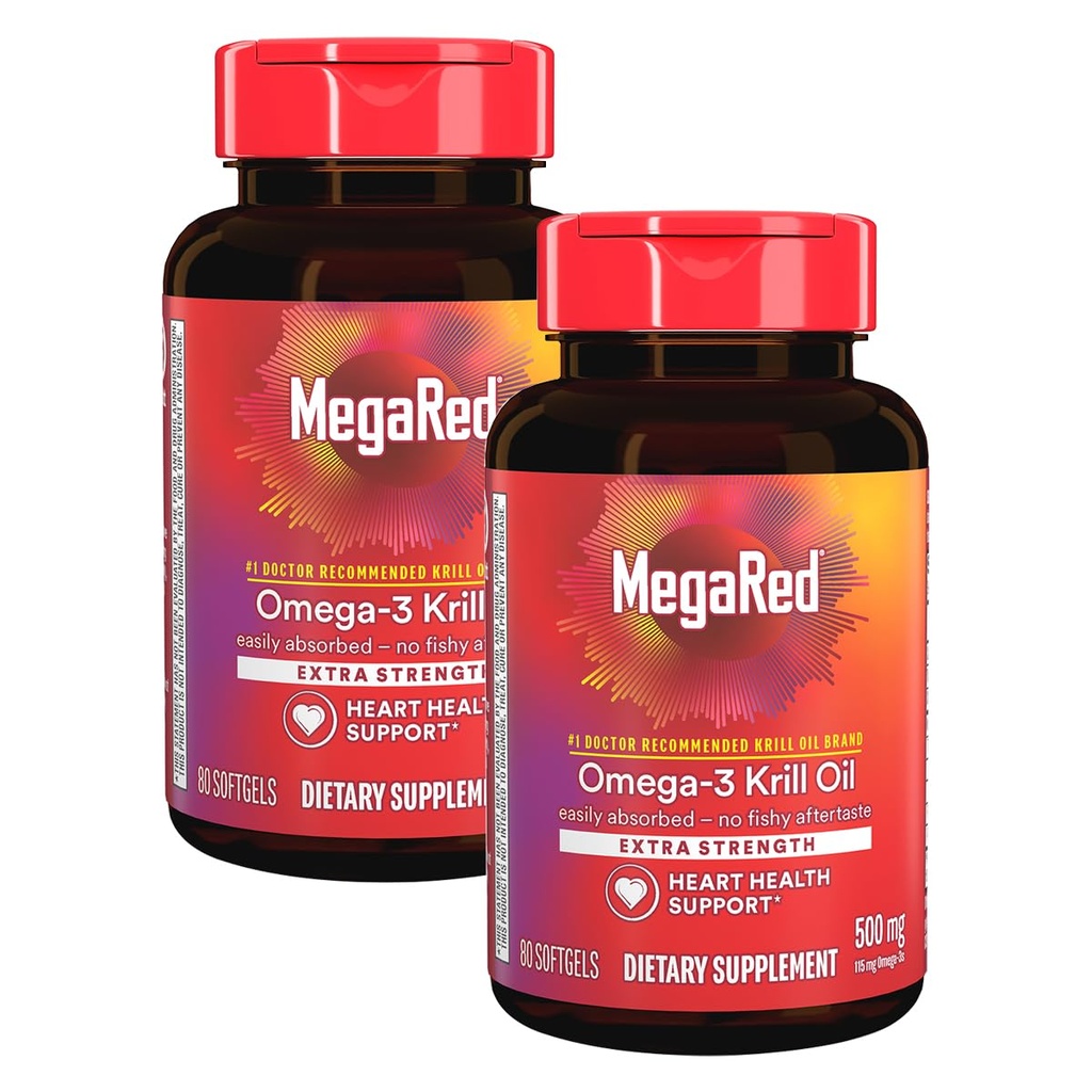 MegaRed Ekstra Kekuatan 500mg Omega- 3 Krill Oil Suplemen dengan EPA / DHA, Tidak Ada Aftertaste Pasport Heart Health, 80 Count Softgel (2 Pack)