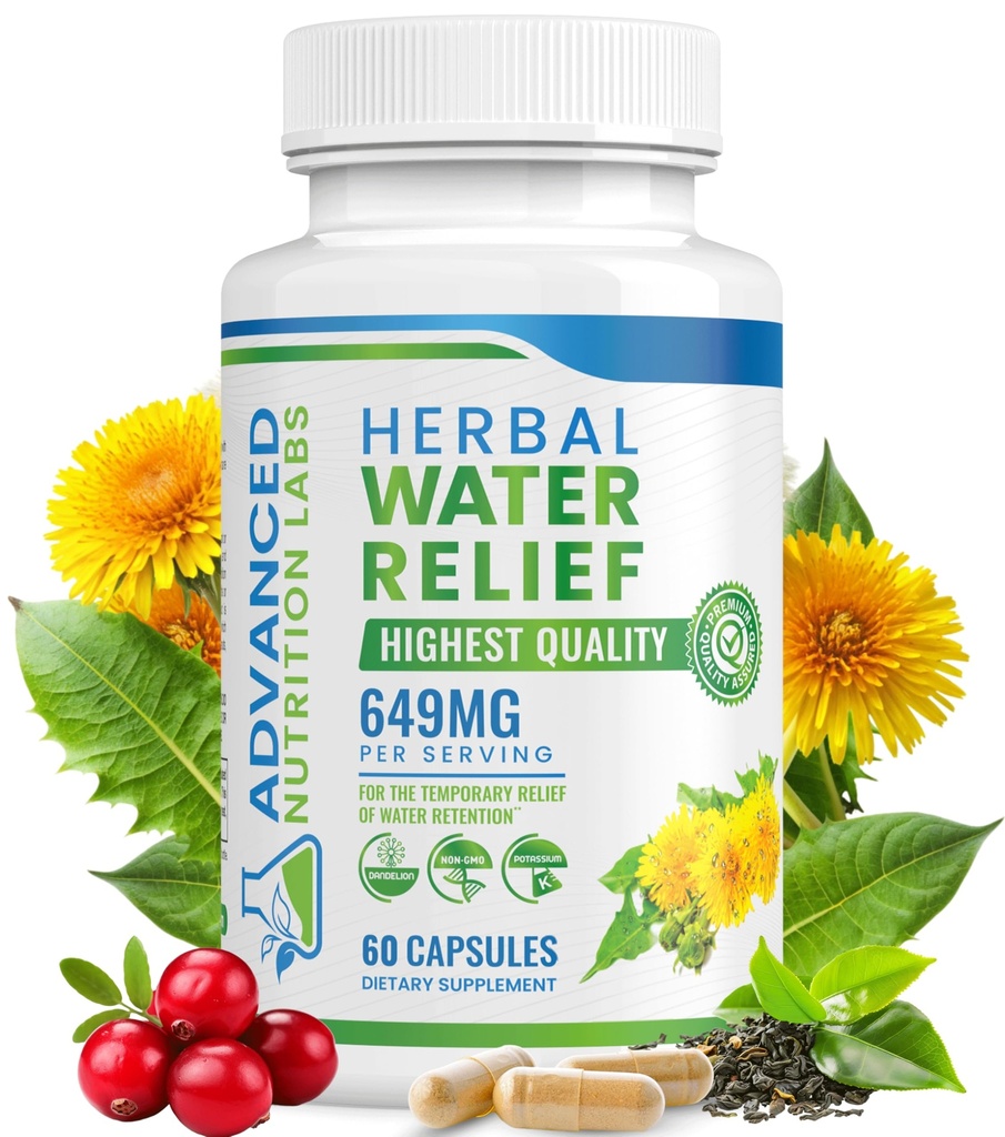 Herbal Relief Diuretic Water Pills for Water Retention, Bloating, Swints Legs, Feet - Dandelion Extract Supplement - Water Retention Loss - Diuretics for Women & Men - 60 Capsules