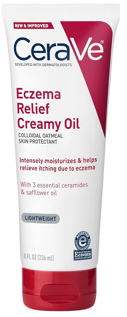 CeraVe Eczema Relief Creamy Body Oil, Eczema Calming Cream with Colloidal Oatmeal & Safflower Oil For Dry Skin Relief, Steroid Free & Paraben Free, 8 Ounce