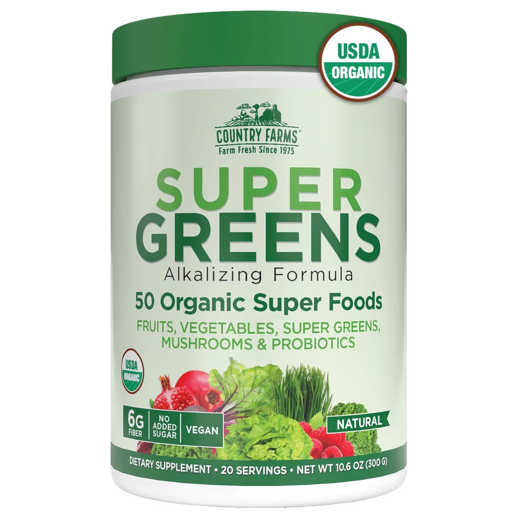 Country Farms Organic Super Greens Natural Flavor, 50 Organic Super Foods, Packed with Fiber, USDA Organic Drink Mix, Fruits, Vegetable, Mushrooms & Prograles, Supports Energy, 6g Fiber